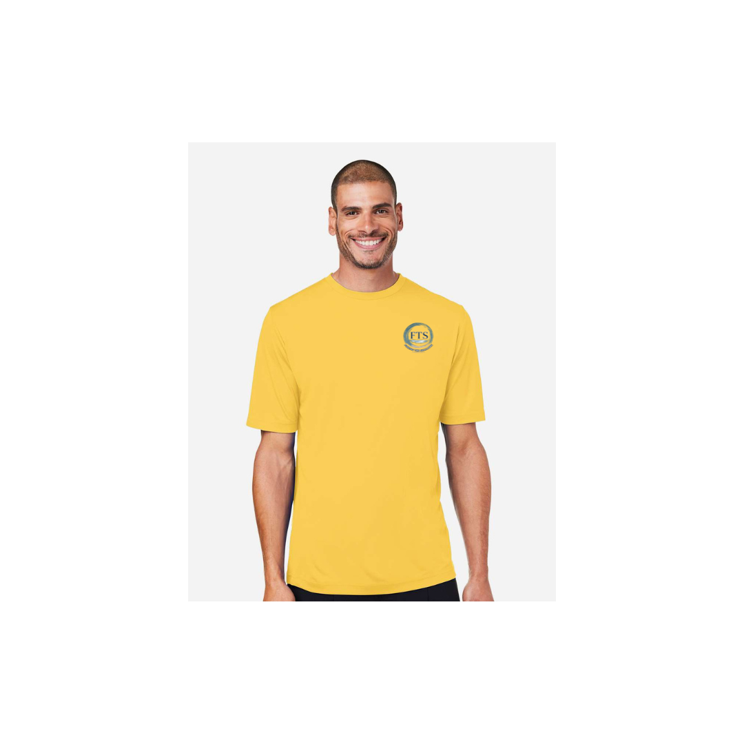 Redfish Art men's short sleeve fishing shirt in Campus Gold - FTS Coastal Logo front view