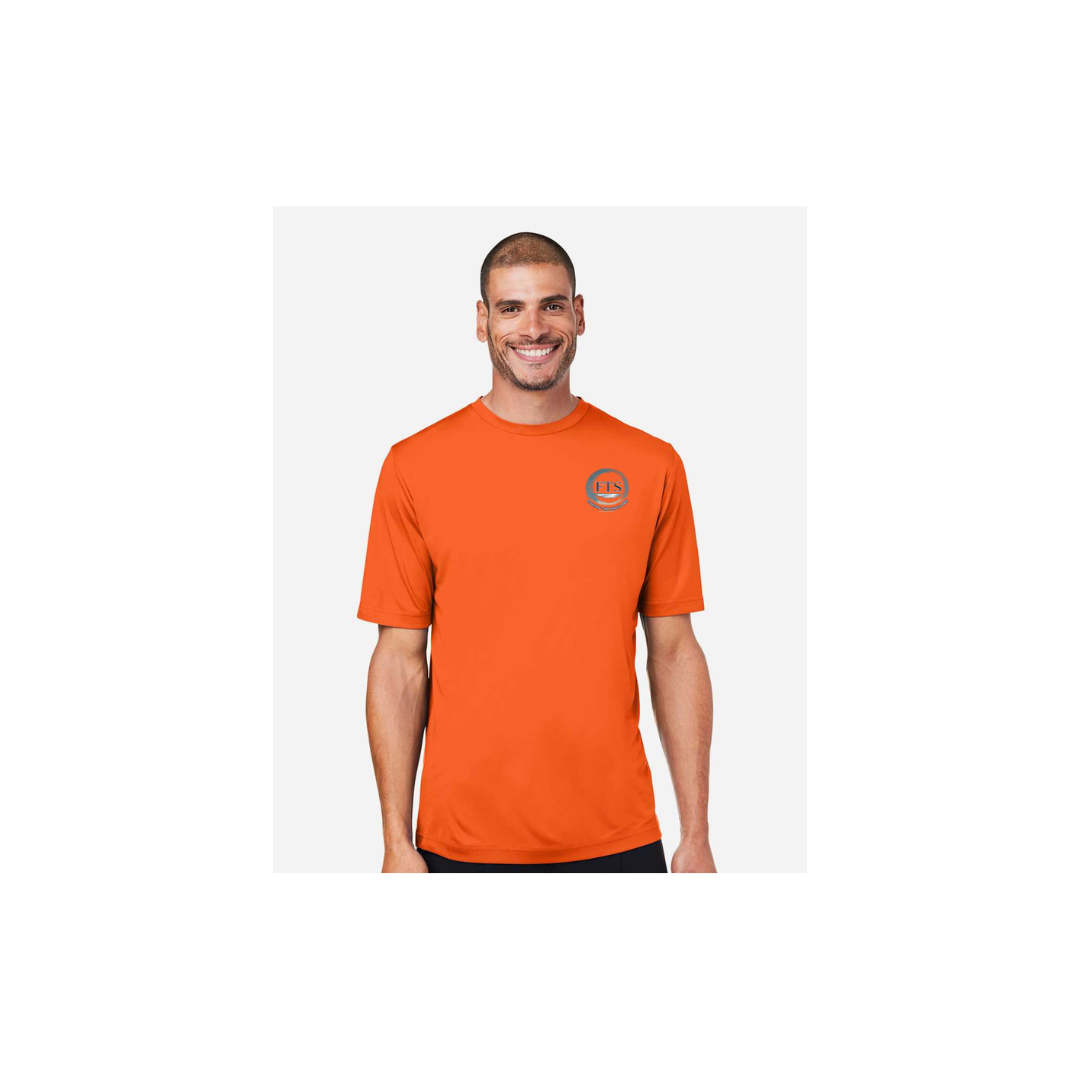 Redfish Art men's short sleeve fishing shirt in Campus Orange - FTS Coastal Logo front view