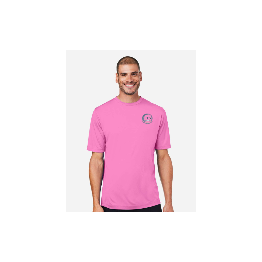 Redfish Art men's short sleeve fishing shirt in Charity Pink - FTS Coastal Logo front view