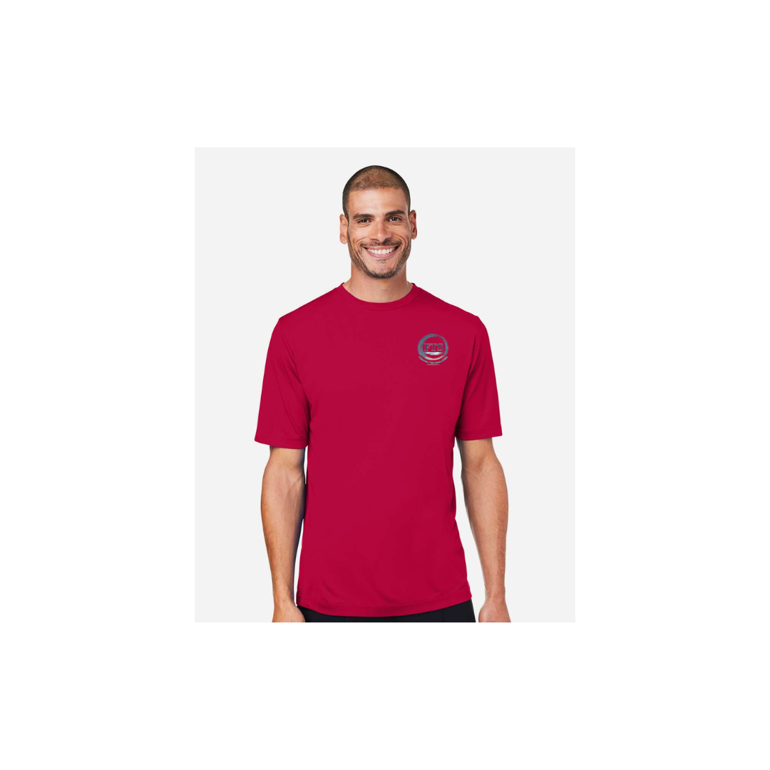 Redfish Art men's short sleeve fishing shirt in Classic Red - FTS Coastal Logo front view