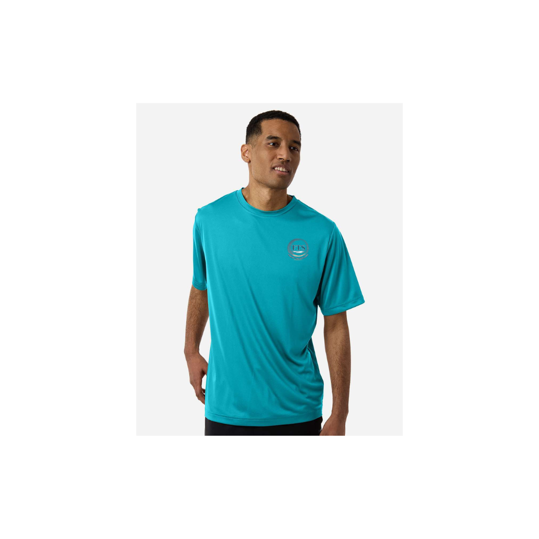 Redfish Art men's short sleeve fishing shirt in Clear Teal - FTS Coastal Logo front view
