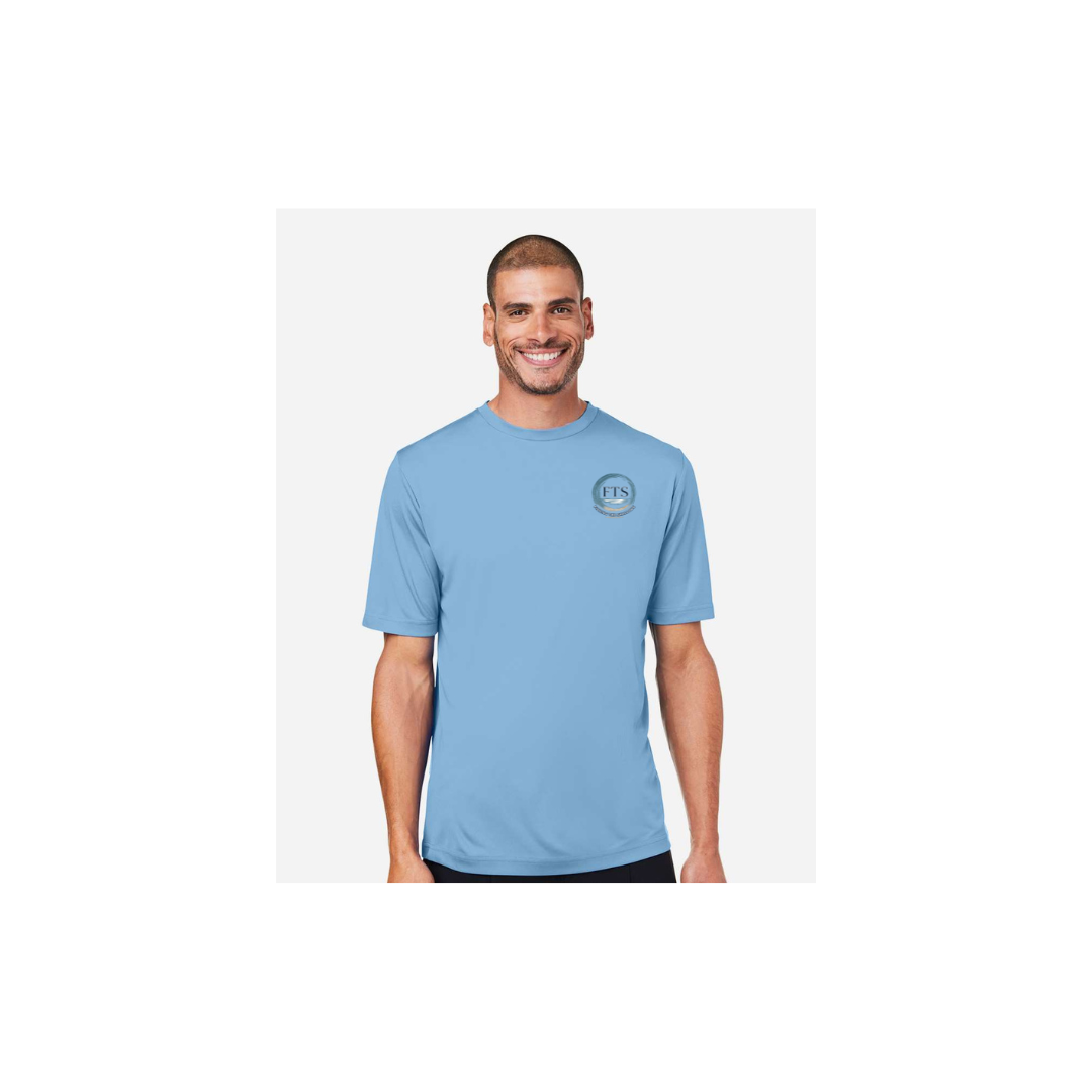Redfish Art men's short sleeve fishing shirt in Columbia Blue - FTS Coastal Logo front view