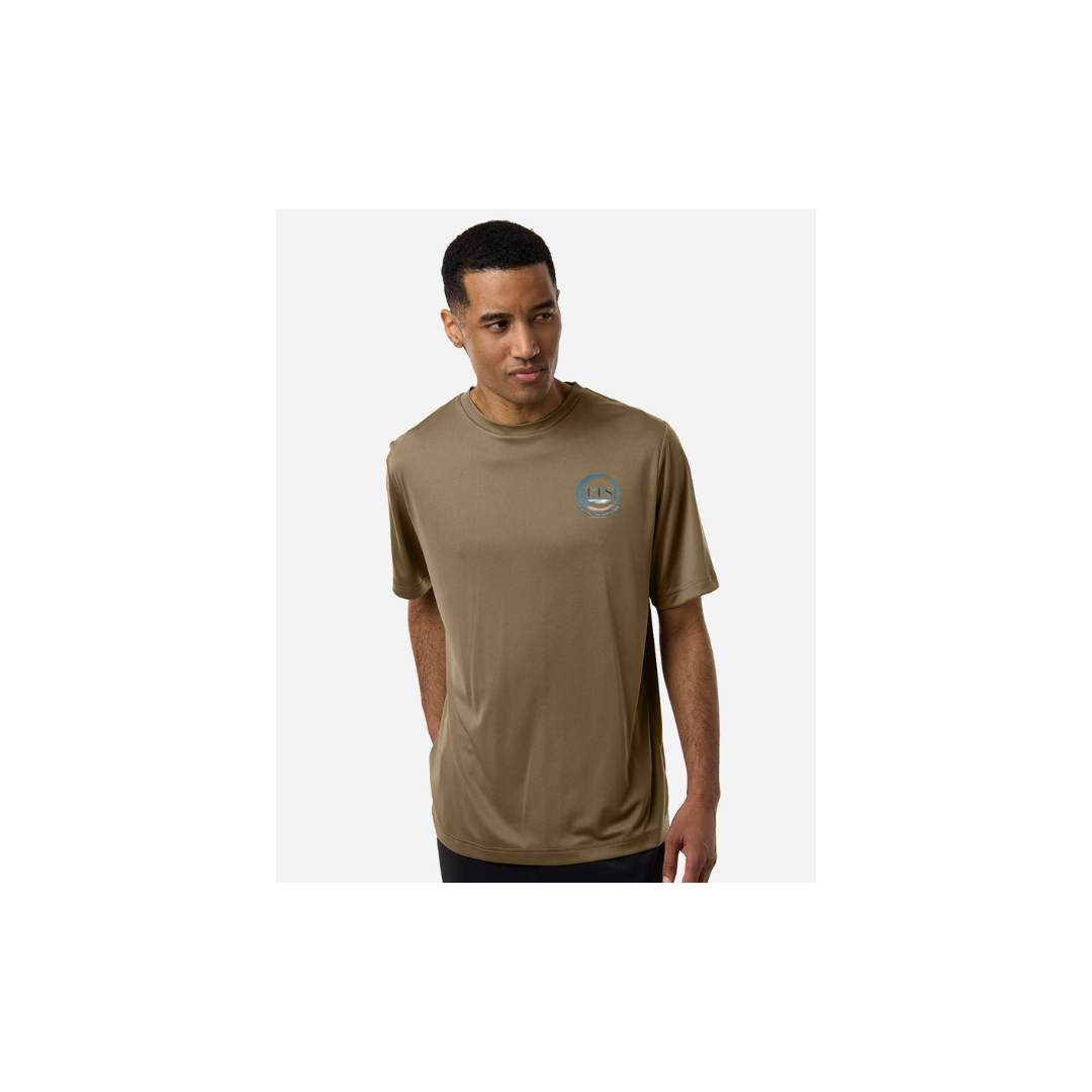 Redfish Art men's short sleeve fishing shirt in Coyote Brown - FTS Coastal Logo front view
