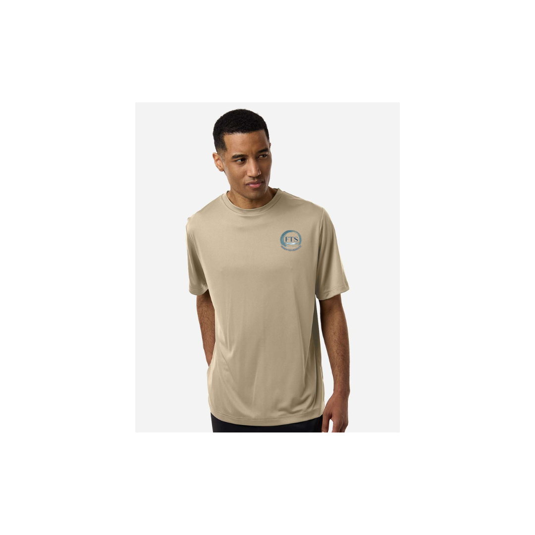 Redfish Art men's short sleeve fishing shirt in Desert Kahki - FTS Coastal Logo front view