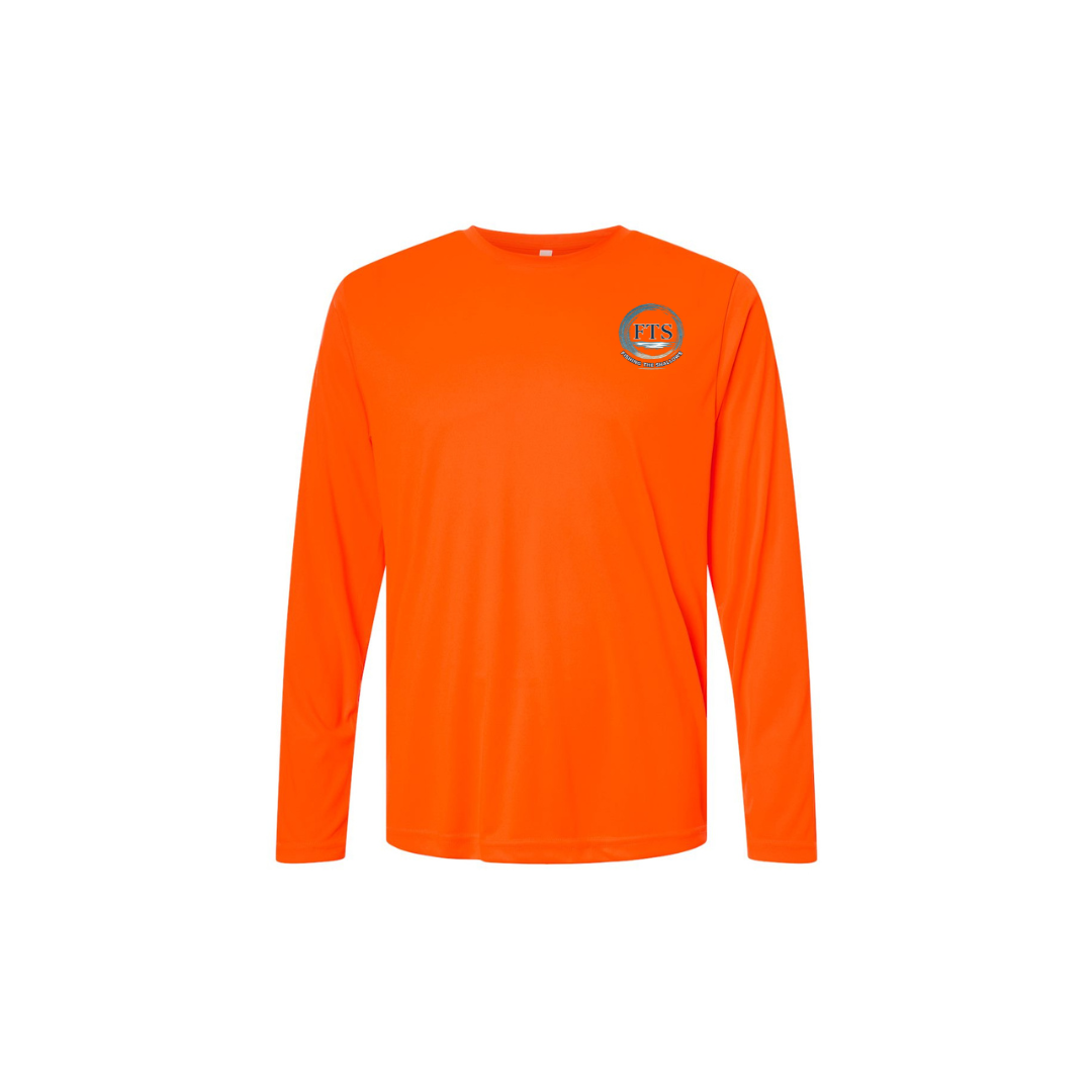 Redfish Art – Men's Long Sleeve in Safety Orange - front logo view