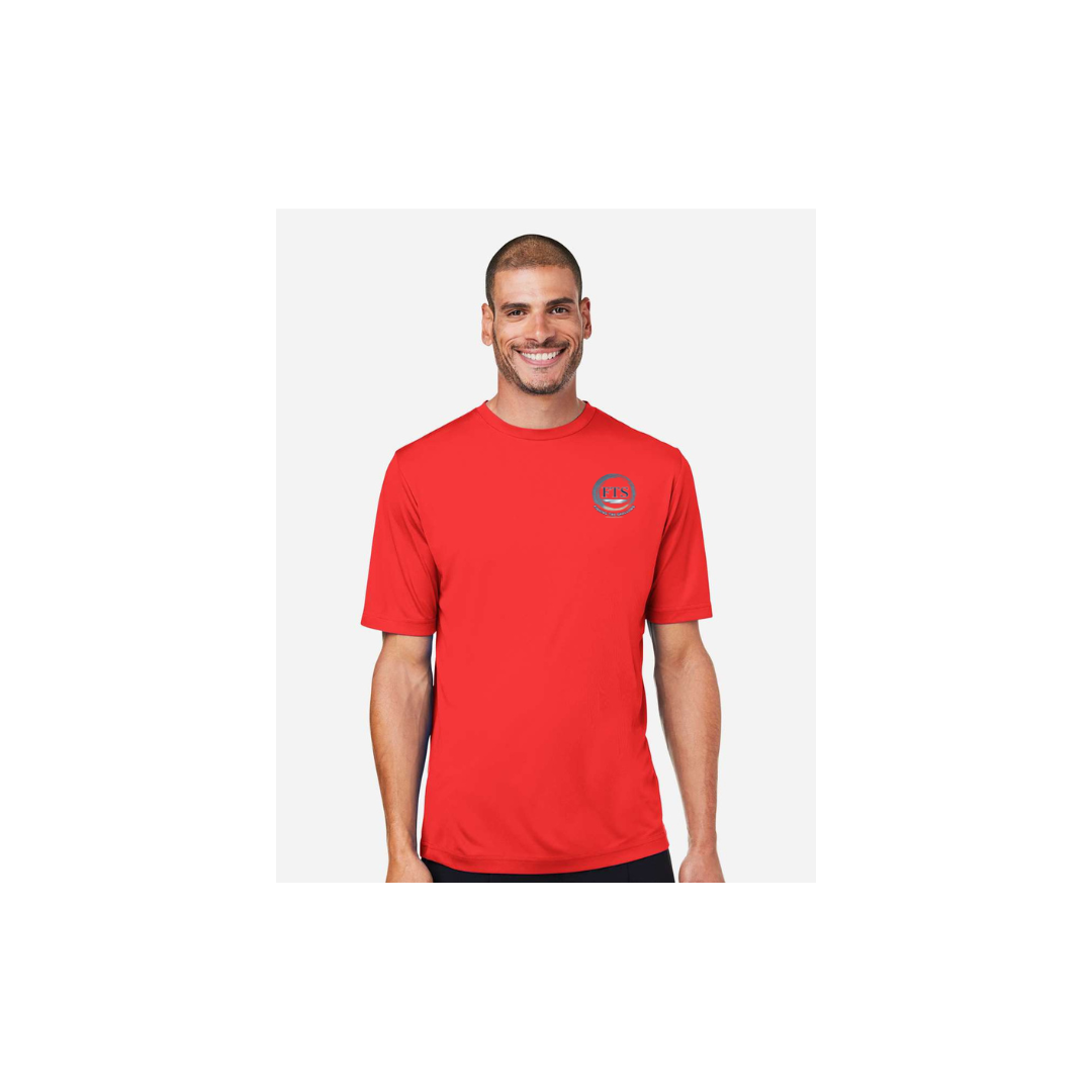 Redfish Art men's short sleeve fishing shirt in Marina Red - FTS Coastal Logo front view
