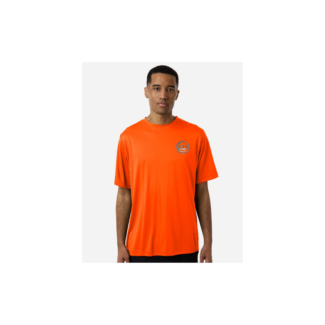 Redfish Art men's short sleeve fishing shirt in Safety Orange - FTS Coastal Logo front view