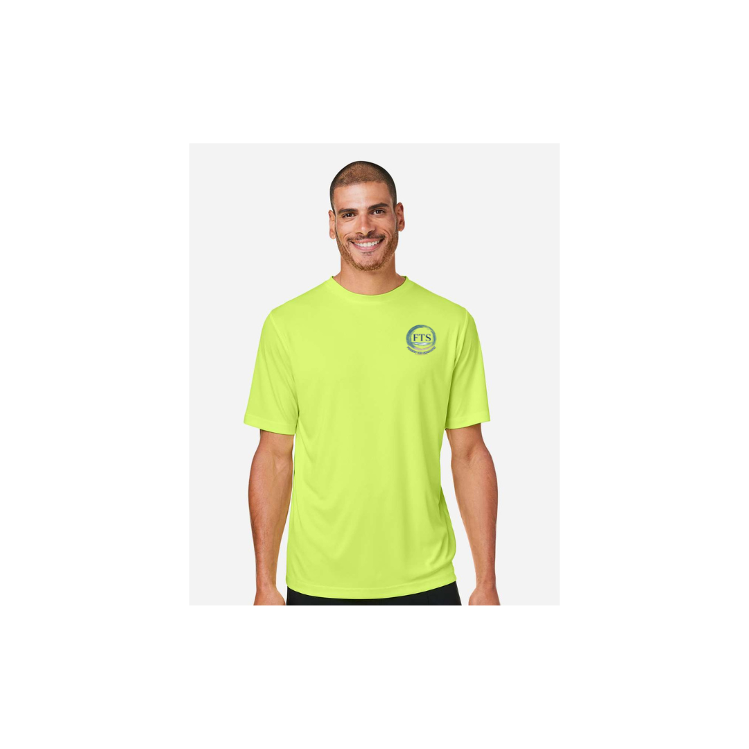 Redfish Art men's short sleeve fishing shirt in Safety Yellow - FTS Coastal Logo front view