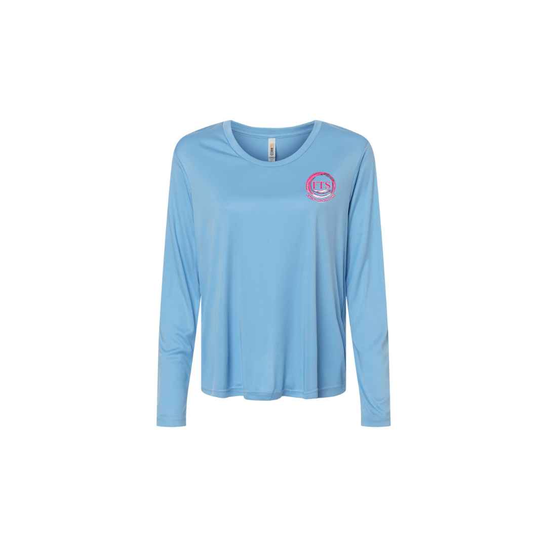 Hooker – Women's Long Sleeve in Columbia Blue - front logo view