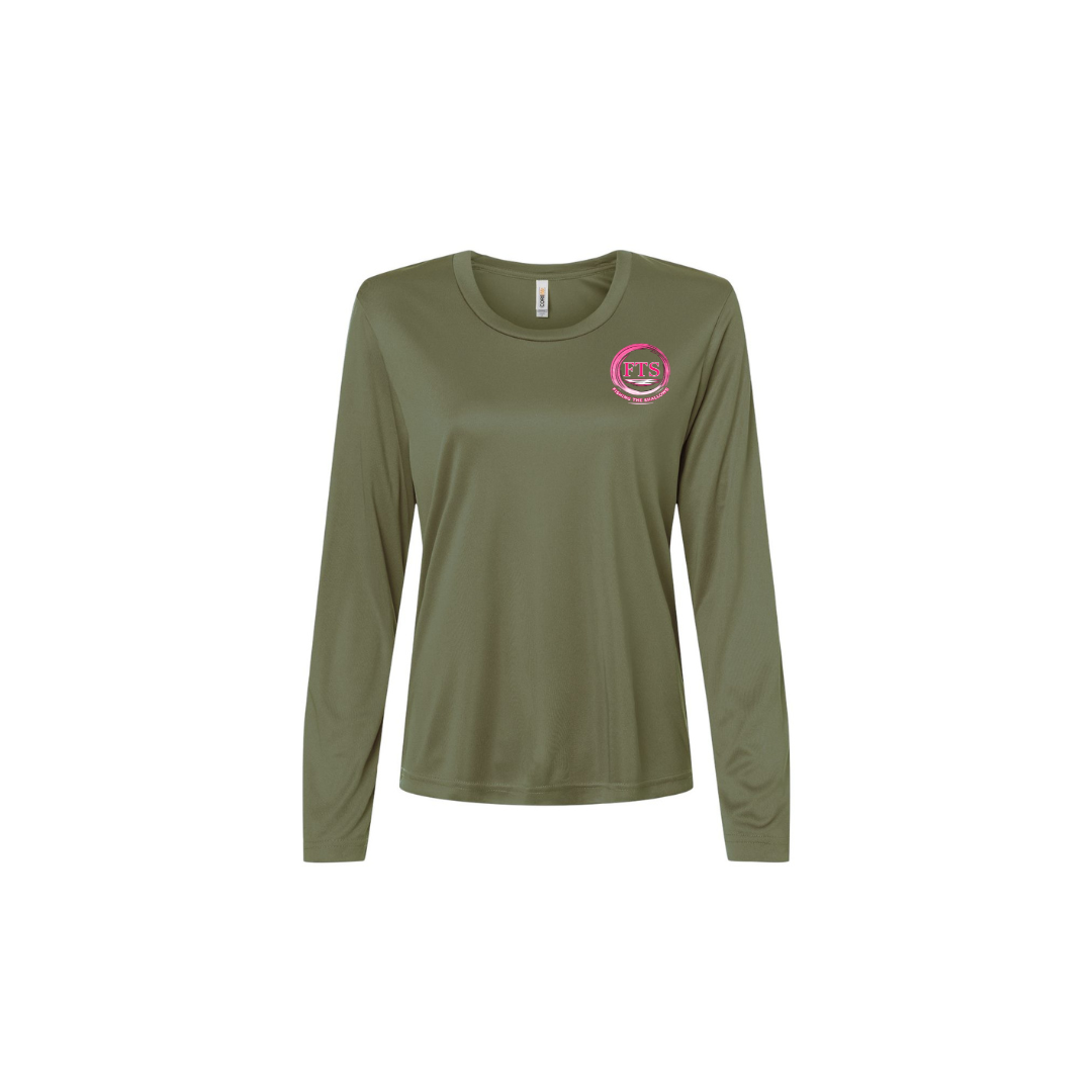 Hooker – Women's Long Sleeve in Military Green - front logo view