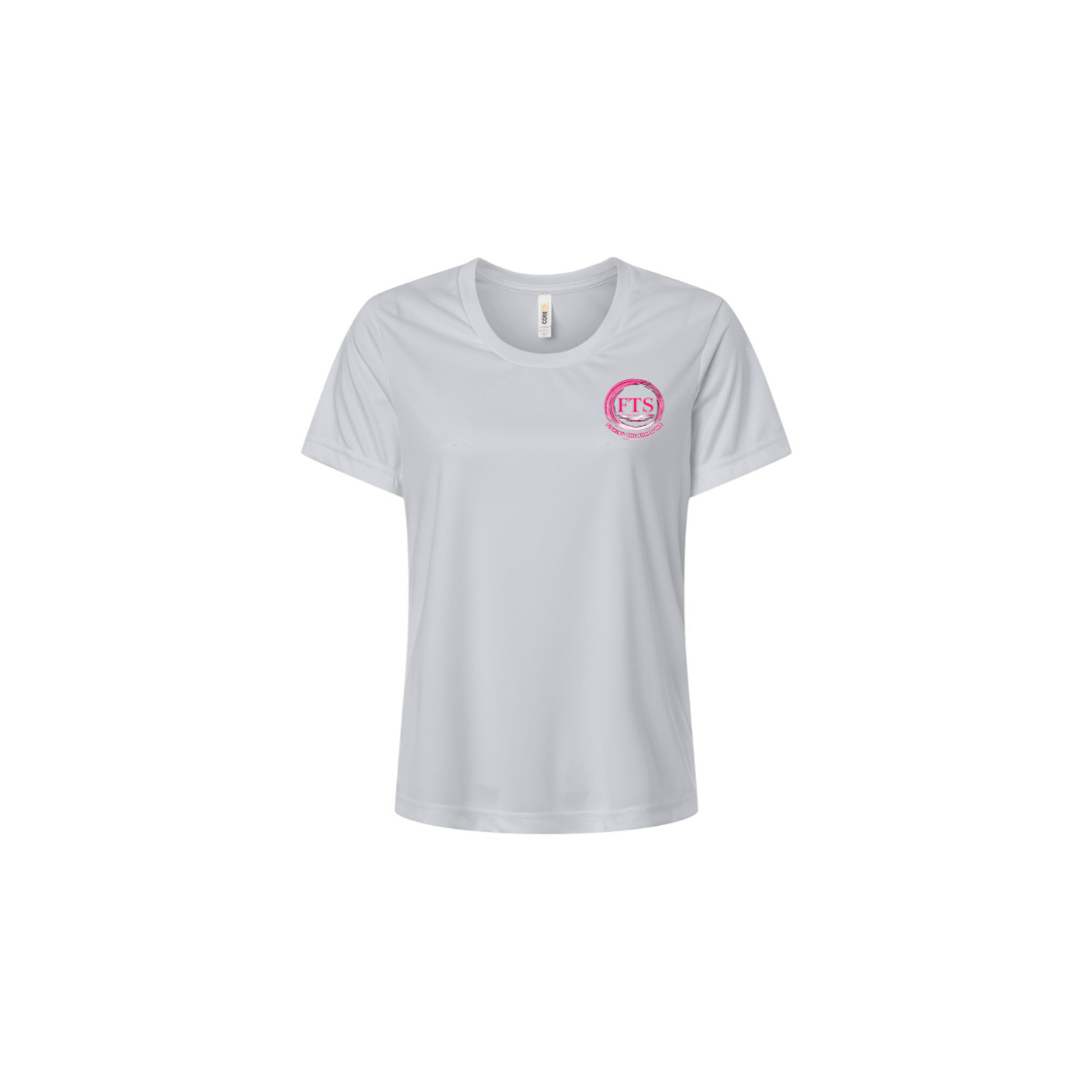 Reel Woman Pink – Women's Short Sleeve in Platinum - front logo view