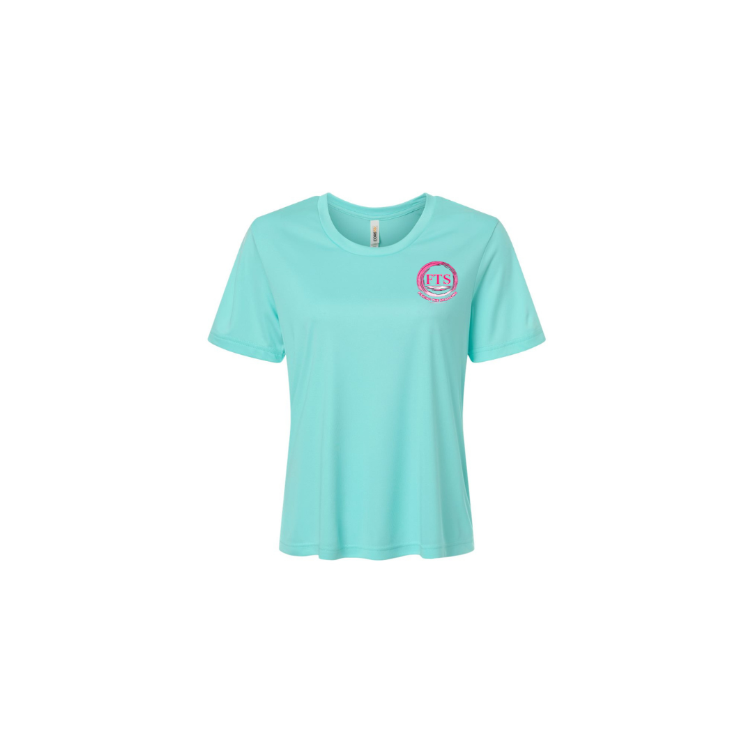 Reel Woman Pink – Women's Short Sleeve in Sea Glass - front logo view