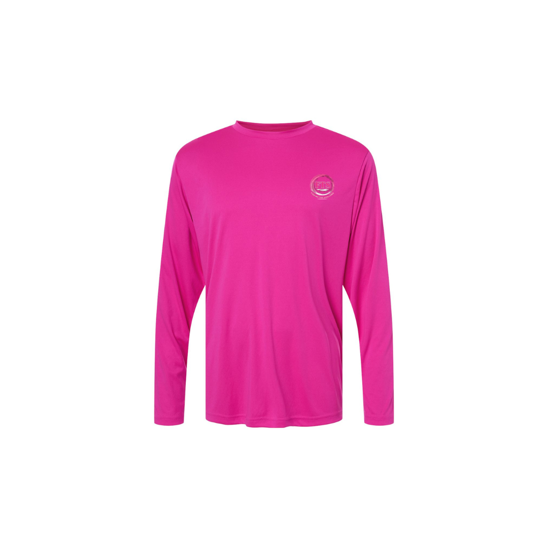Sitting Girl – Girls Long Sleeve in Bright Magenta - front logo view