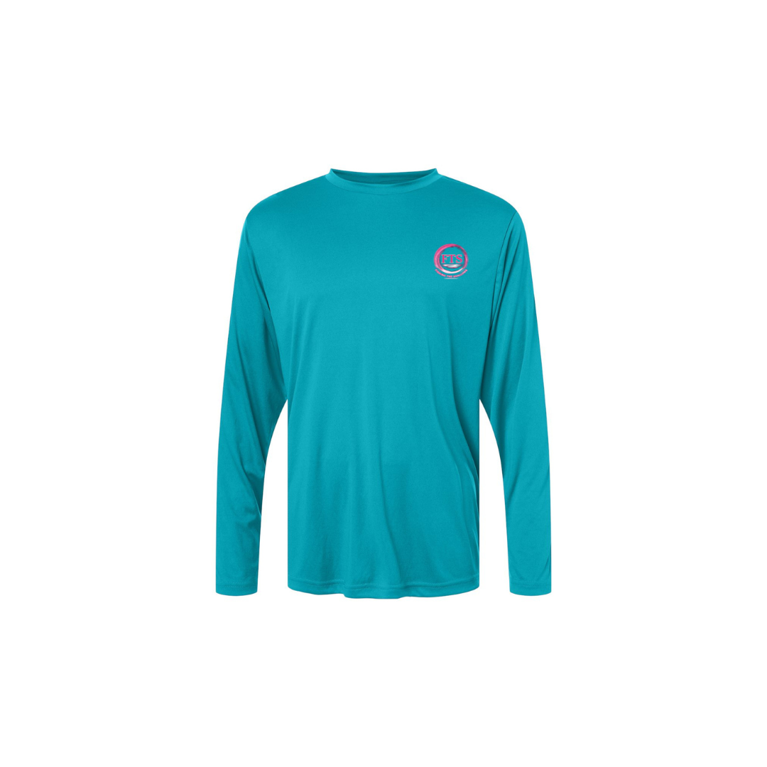 Sitting Girl – Girls Long Sleeve in Clear Teal - front logo view