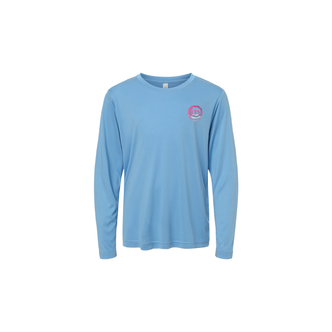 Sitting Girl – Girls Long Sleeve in Columbia Blue - front logo view