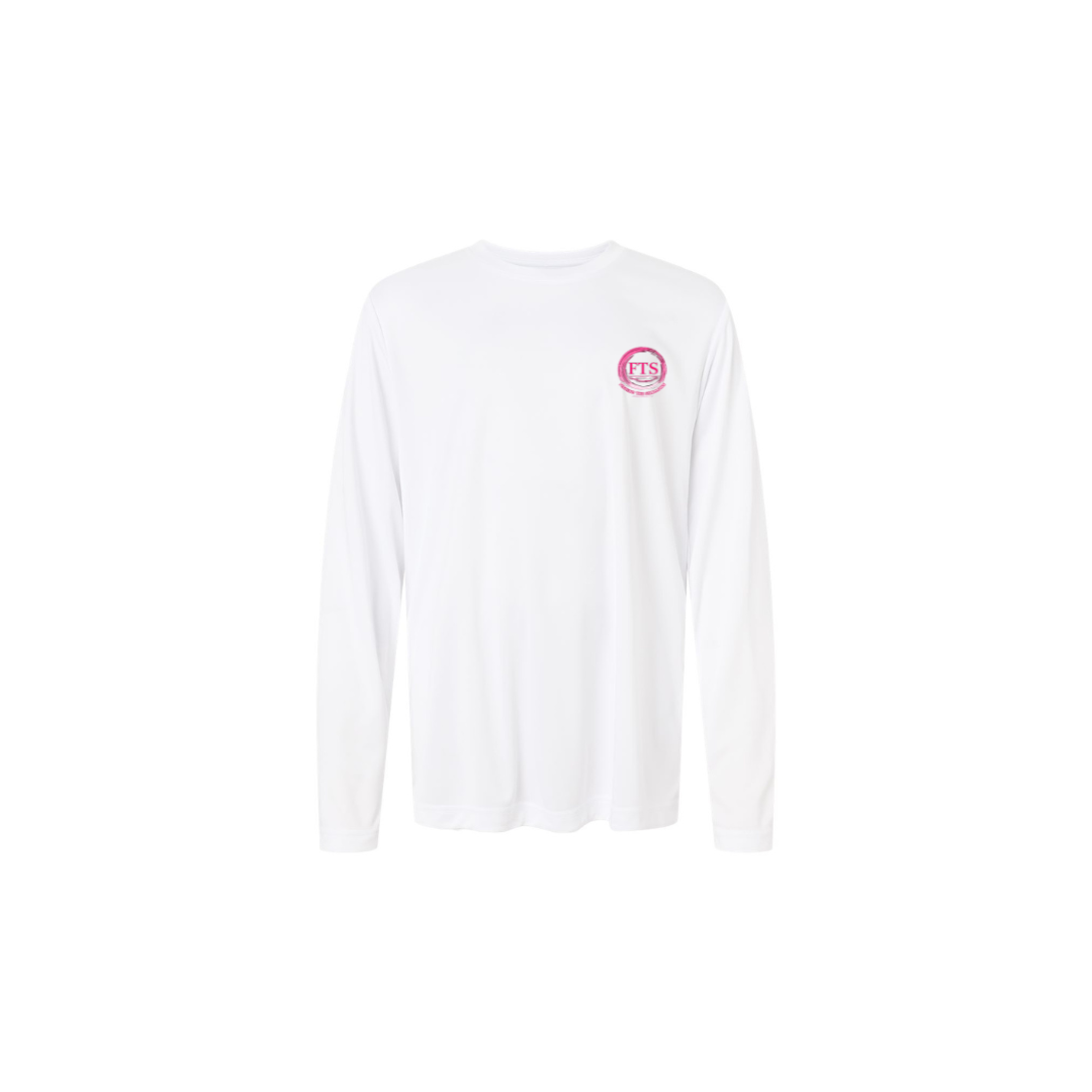 Sitting Girl – Girls Long Sleeve in White - front logo view