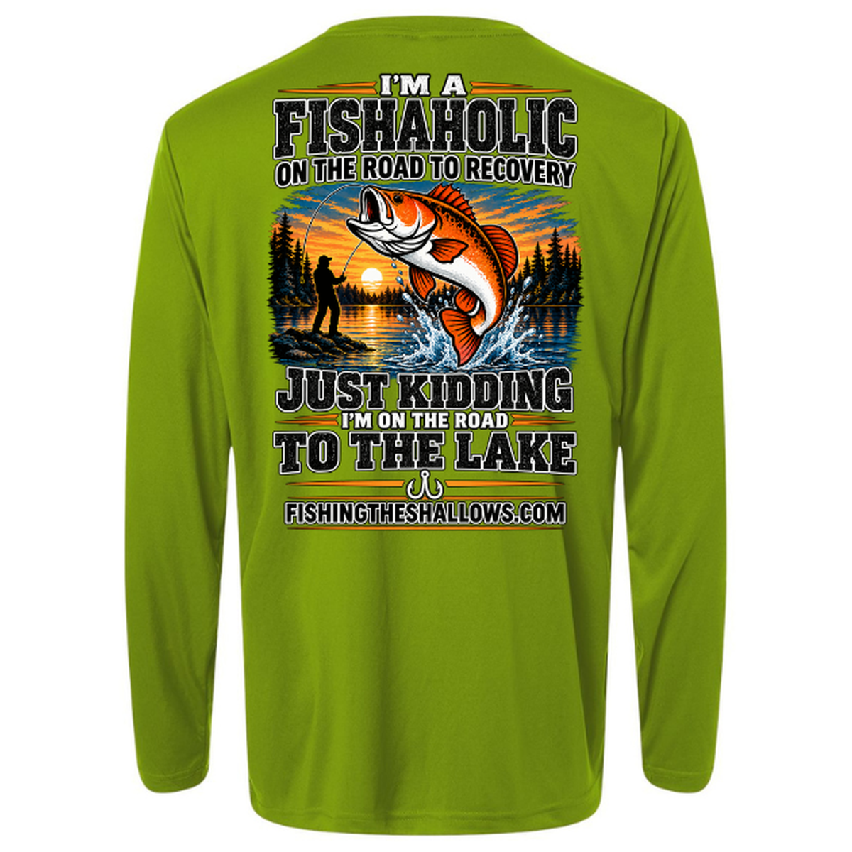 Fishaholic LS in Acid Green, back view - mens long sleeve performance fishing shirt by Fishing The Shallows