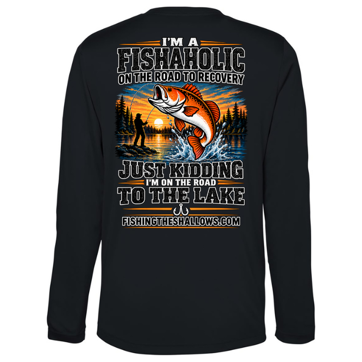 Fishaholic LS in Black, back view - mens long sleeve performance fishing shirt by Fishing The Shallows