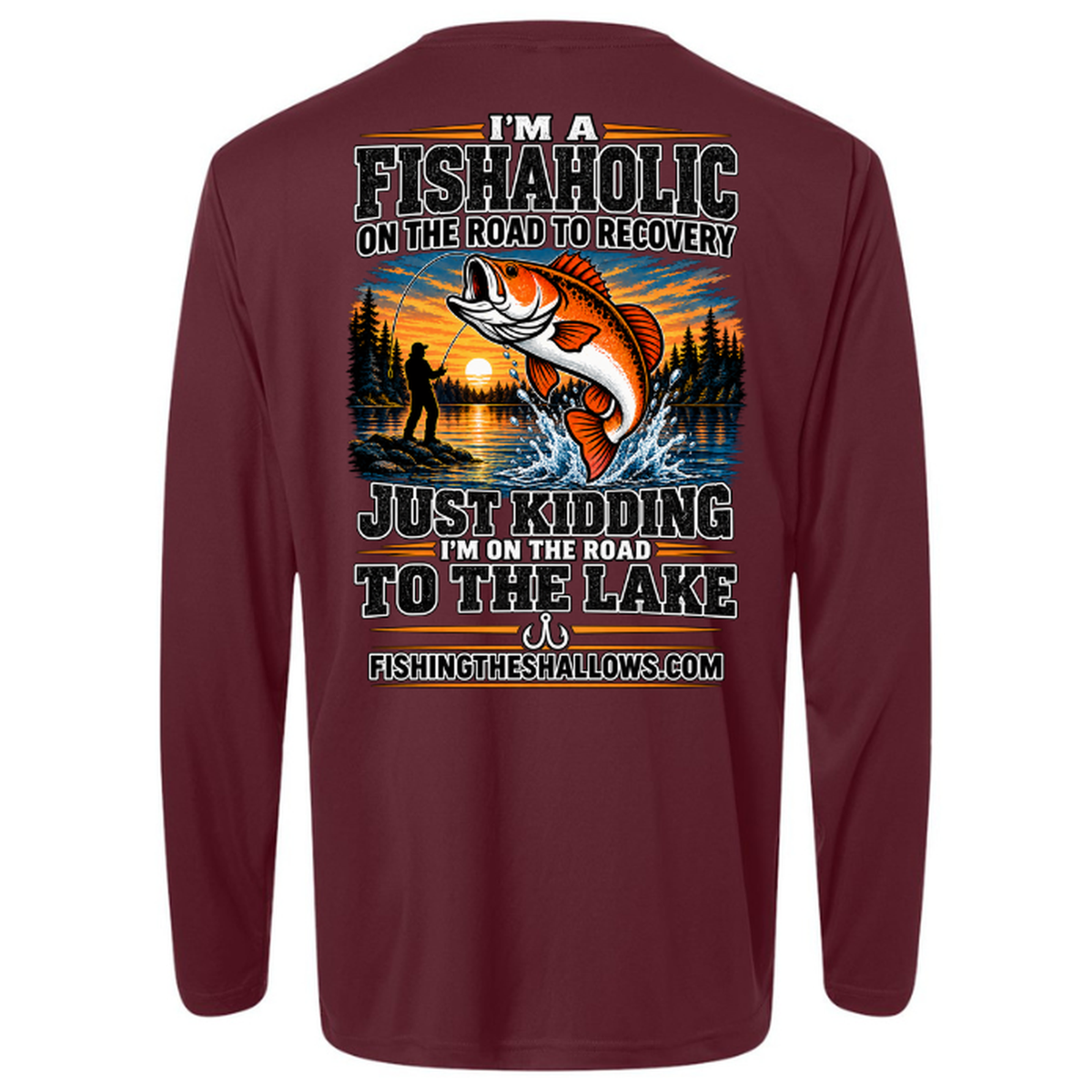 Fishaholic LS in Burgundy, back view - mens long sleeve performance fishing shirt by Fishing The Shallows