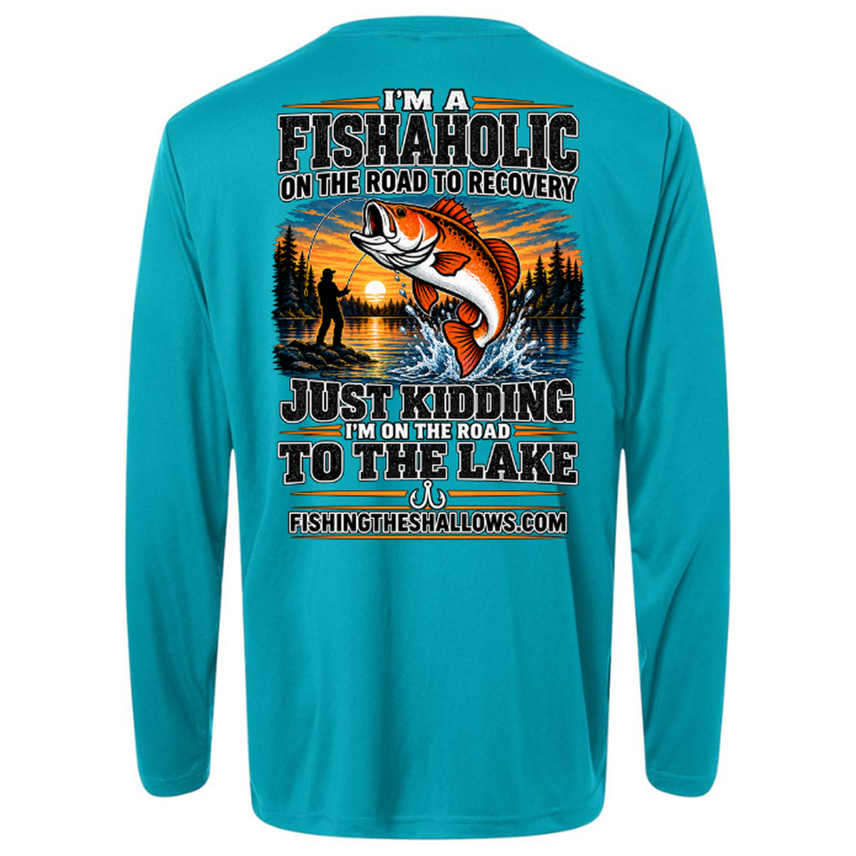 Fishaholic LS in Clear Teal, back view - mens long sleeve performance fishing shirt by Fishing The Shallows