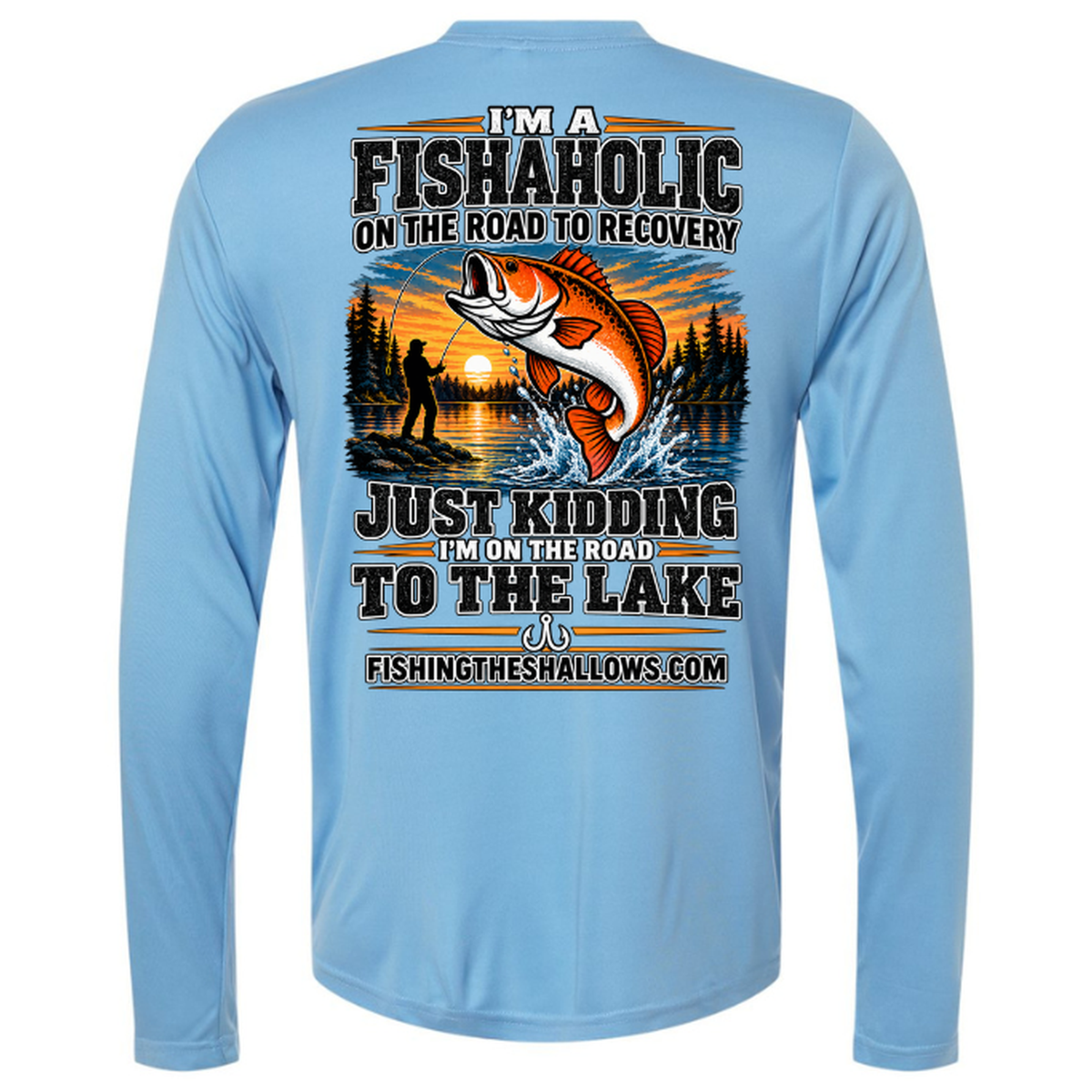 Fishaholic LS in Columbia Blue, back view - mens long sleeve performance fishing shirt by Fishing The Shallows