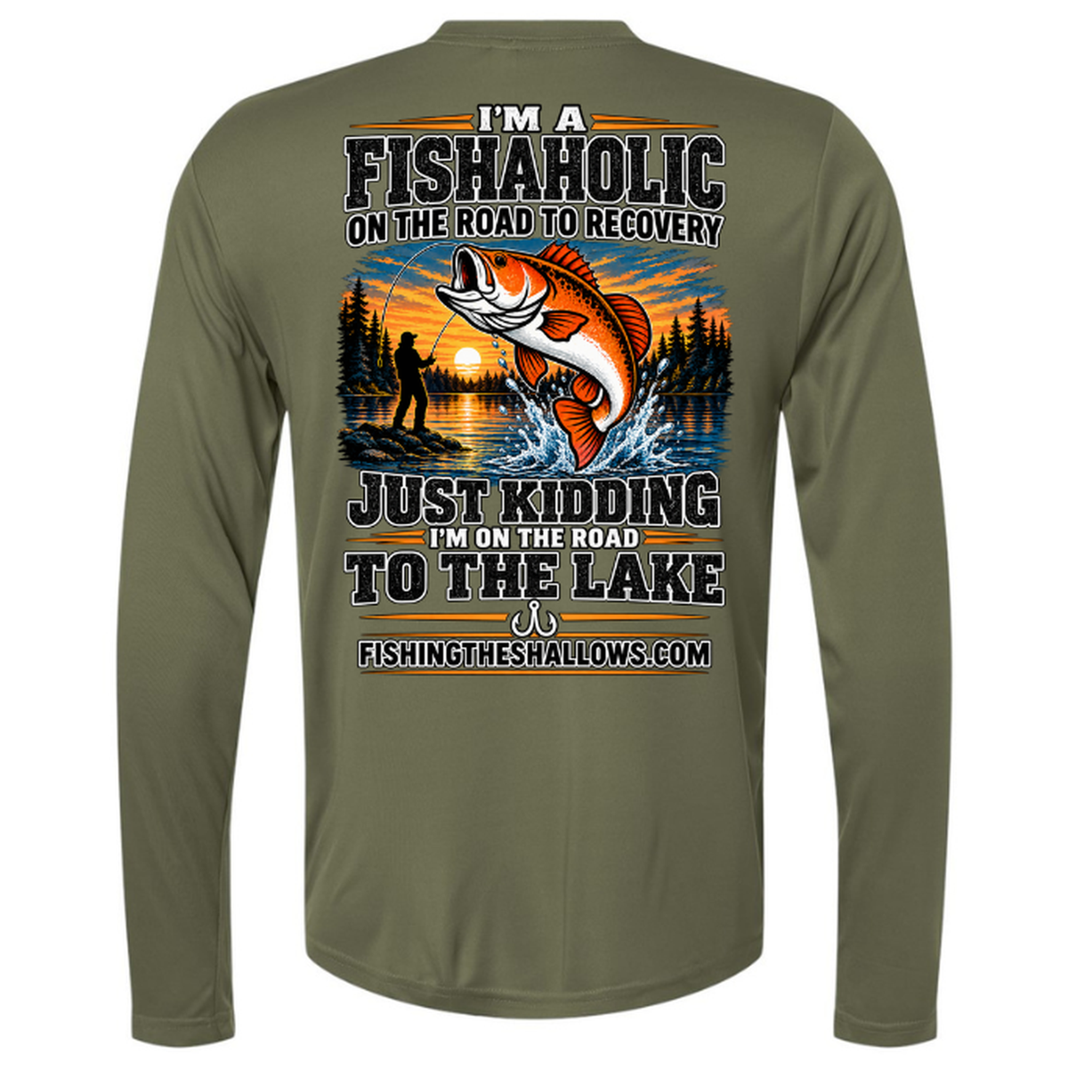 Fishaholic LS in Military Green, back view - mens long sleeve performance fishing shirt by Fishing The Shallows