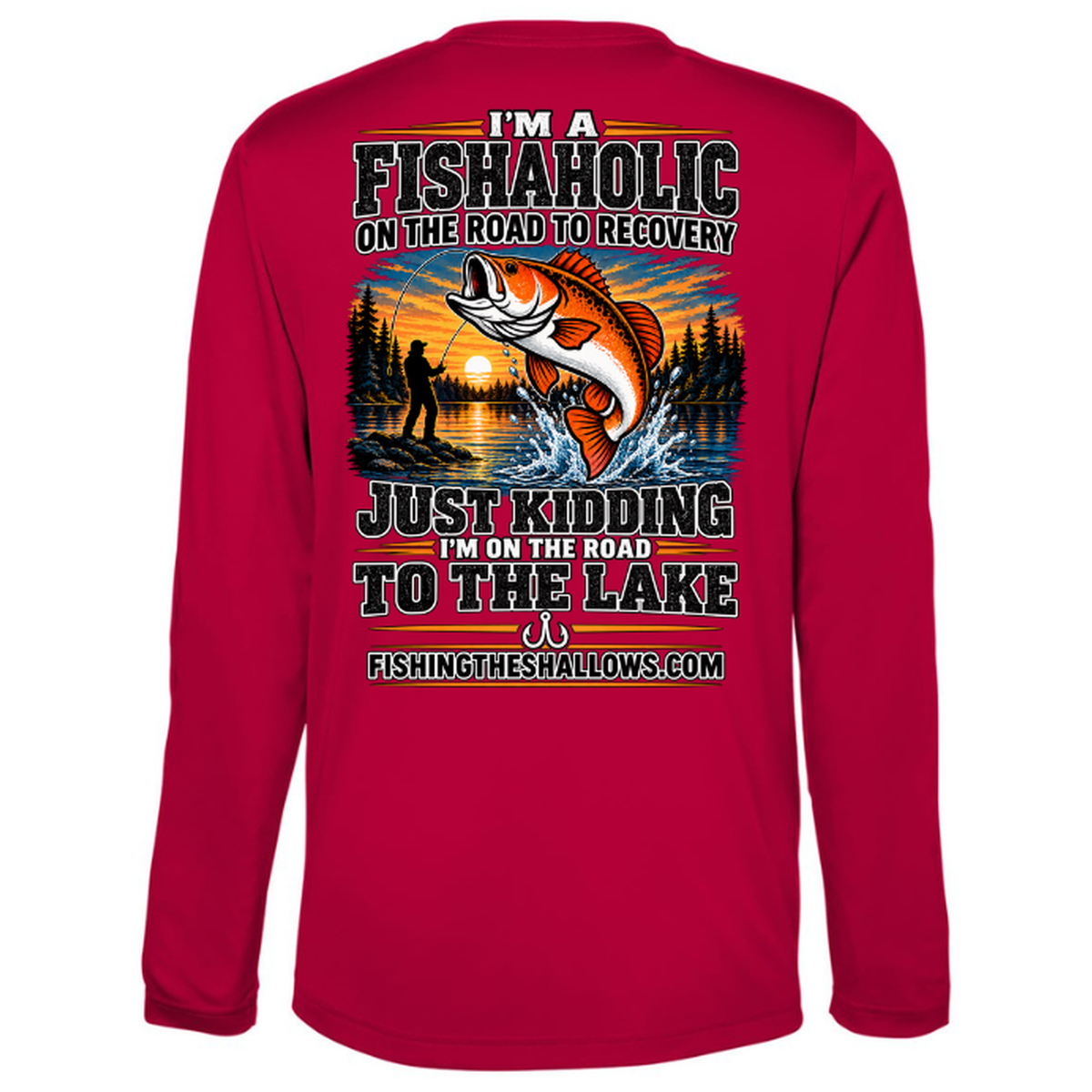 Fishaholic LS in Classic Red, back view - mens long sleeve performance fishing shirt by Fishing The Shallows