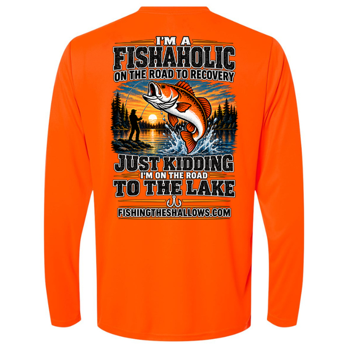 Fishaholic LS in Safety Orange, back view - mens long sleeve performance fishing shirt by Fishing The Shallows