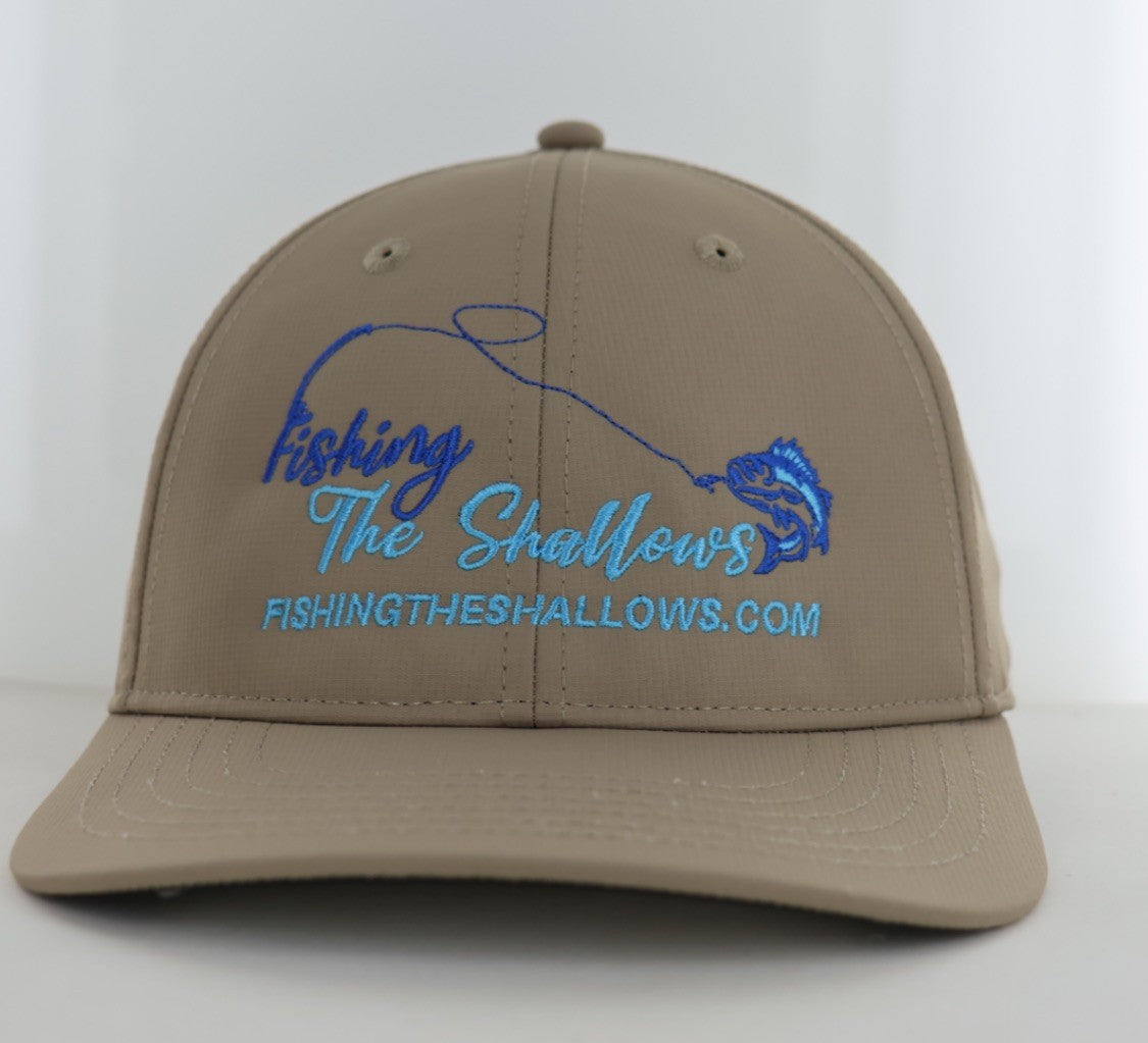 Khaki Fishing The Shallows performance hat with blue embroidered fishing logo