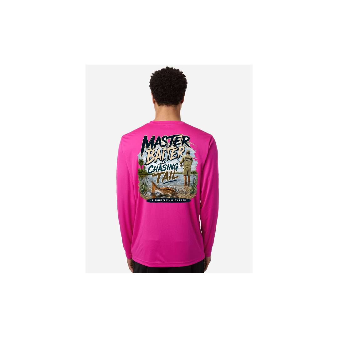 Master Baiter While Chasing Tail – Men's Long Sleeve in Bright Magenta - back view