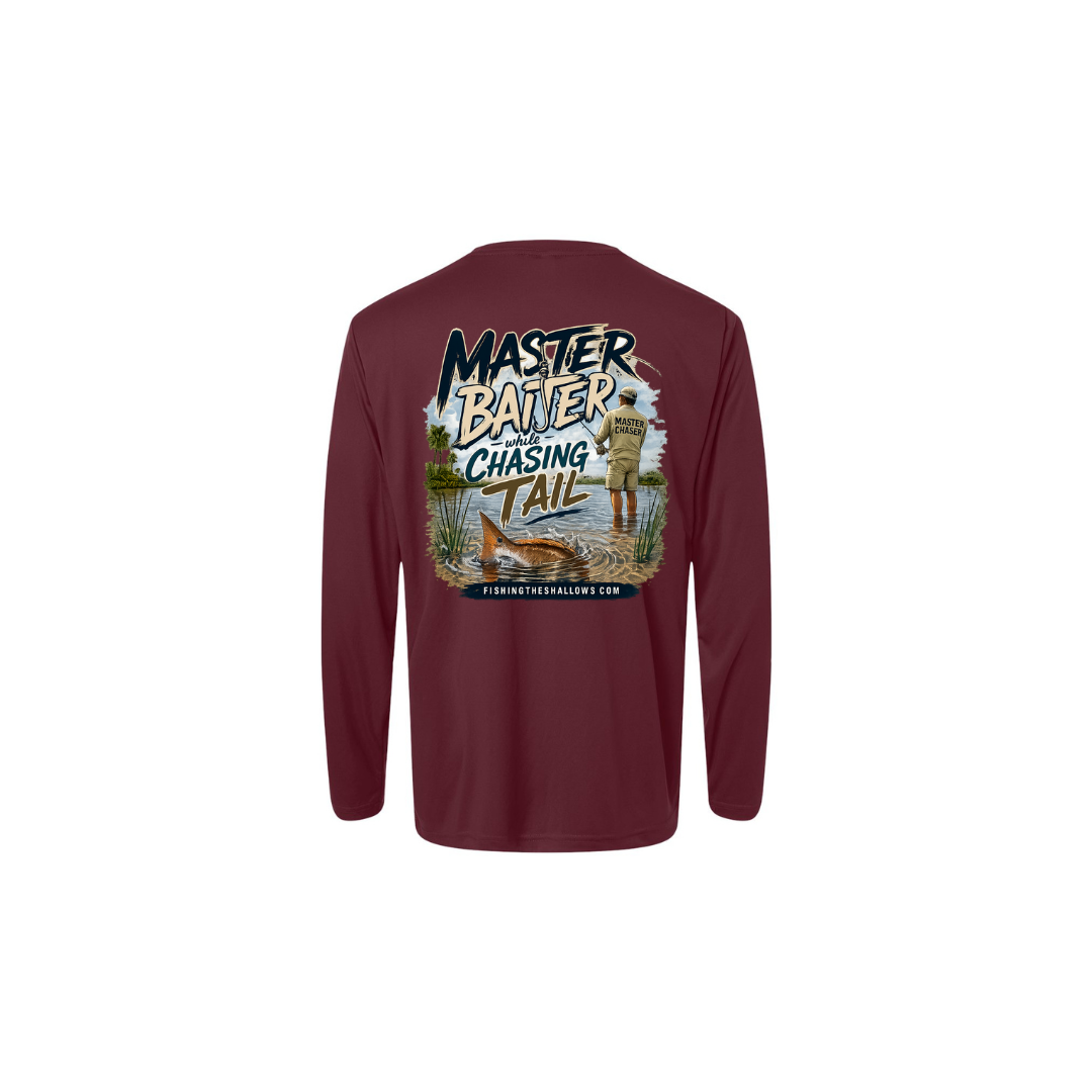 Master Baiter While Chasing Tail – Men's Long Sleeve in Burgundy - back view