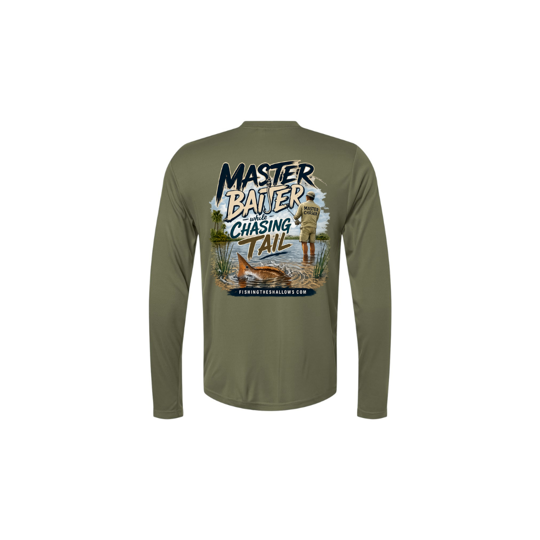 Master Baiter While Chasing Tail – Men's Long Sleeve in Military Green - back view