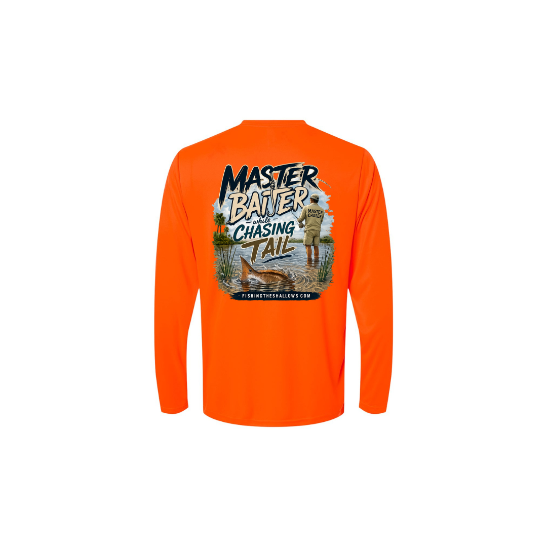 Master Baiter While Chasing Tail – Men's Long Sleeve in Safety Orange - back view