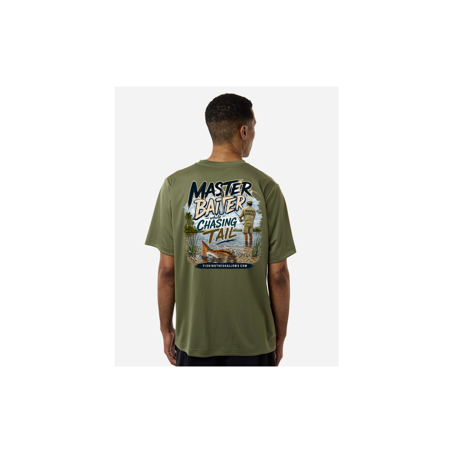 Master Baiter While Chasing Tail – Men's Short Sleeve in Military Green - back view