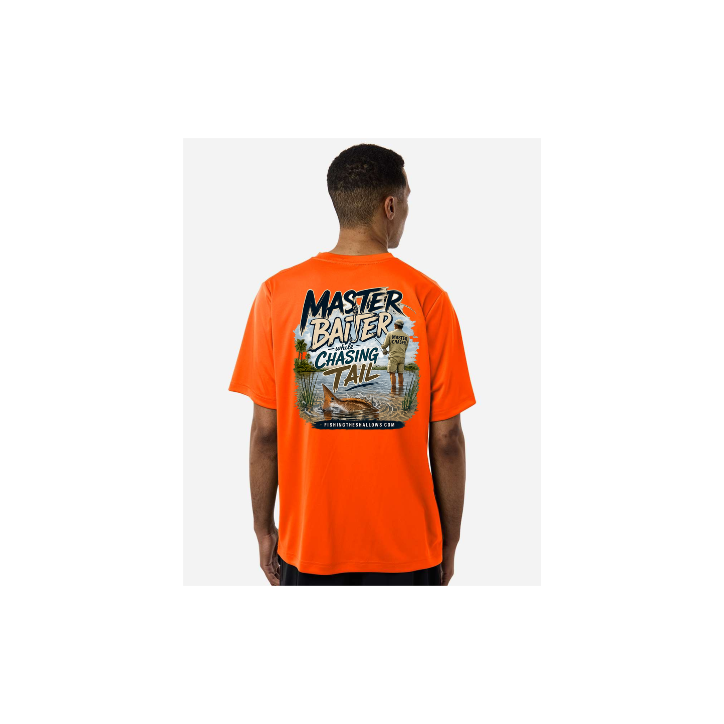 Master Baiter While Chasing Tail – Men's Short Sleeve in Safety Orange - back view