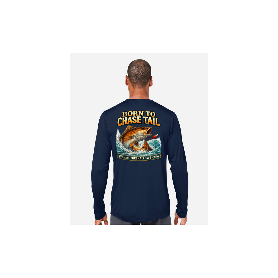 Born To Chase LS in Classic Navy, back view - mens long sleeve performance fishing shirt by Fishing The Shallows