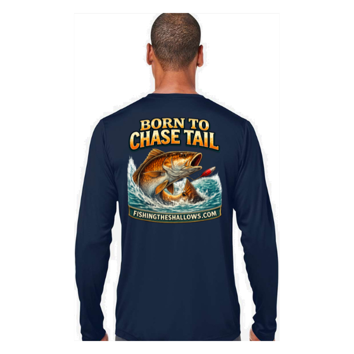 Born To Chase LS in Classic Navy, back view - mens long sleeve performance fishing shirt by Fishing The Shallows