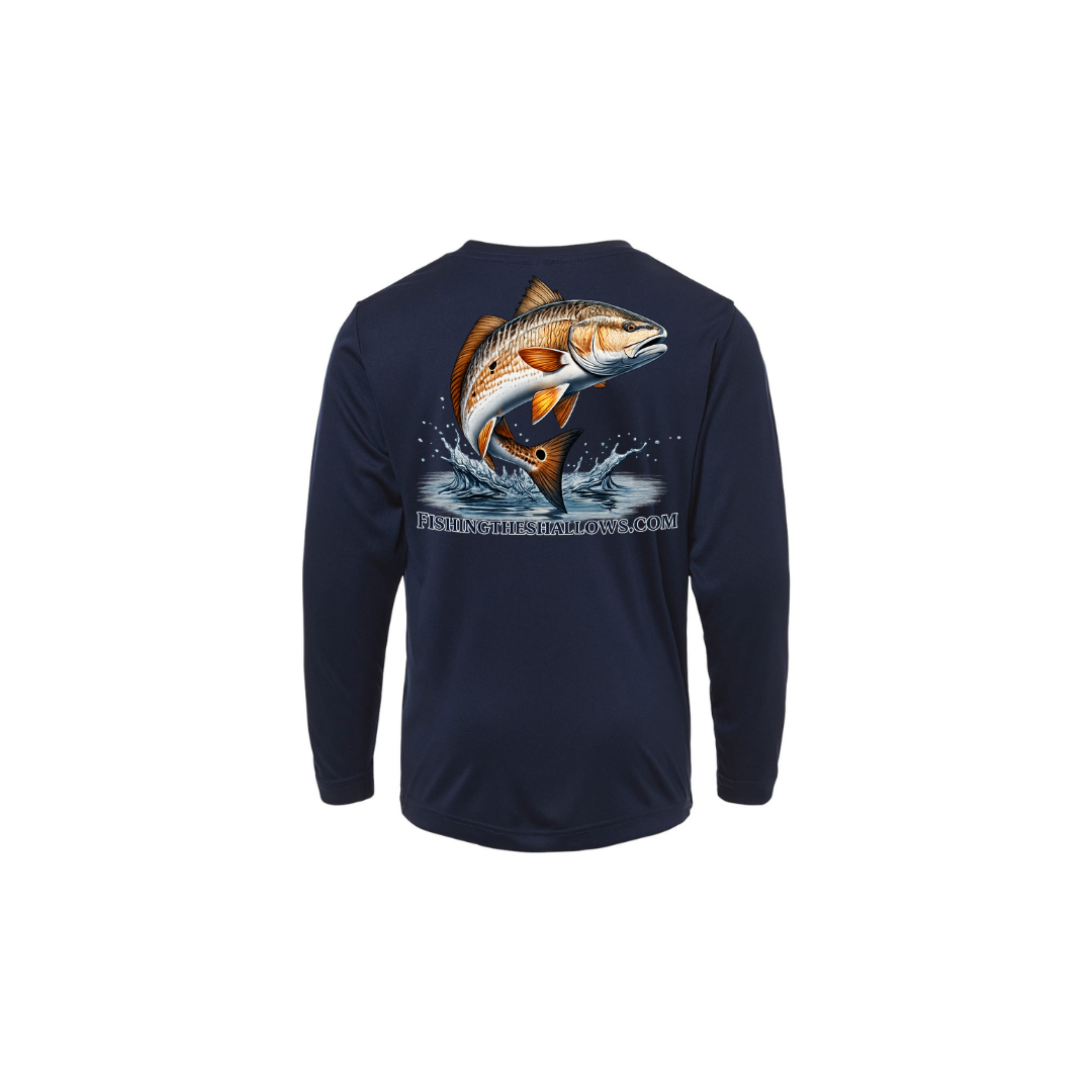Redfish Art 2 – Youth Long Sleeve in Classic Navy - back view
