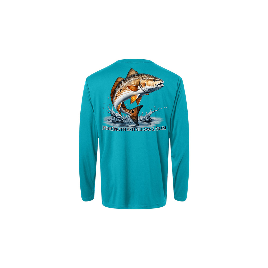 Redfish Art 2 – Youth Long Sleeve in Clear Teal - back view
