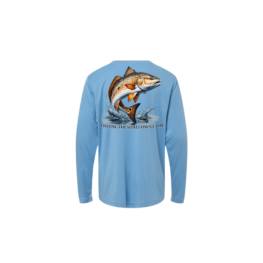 Redfish Art 2 – Youth Long Sleeve in Columbia Blue - back view