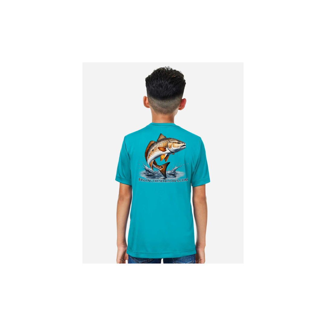Redfish Art 2 – Youth Short Sleeve in Clear Teal - back view