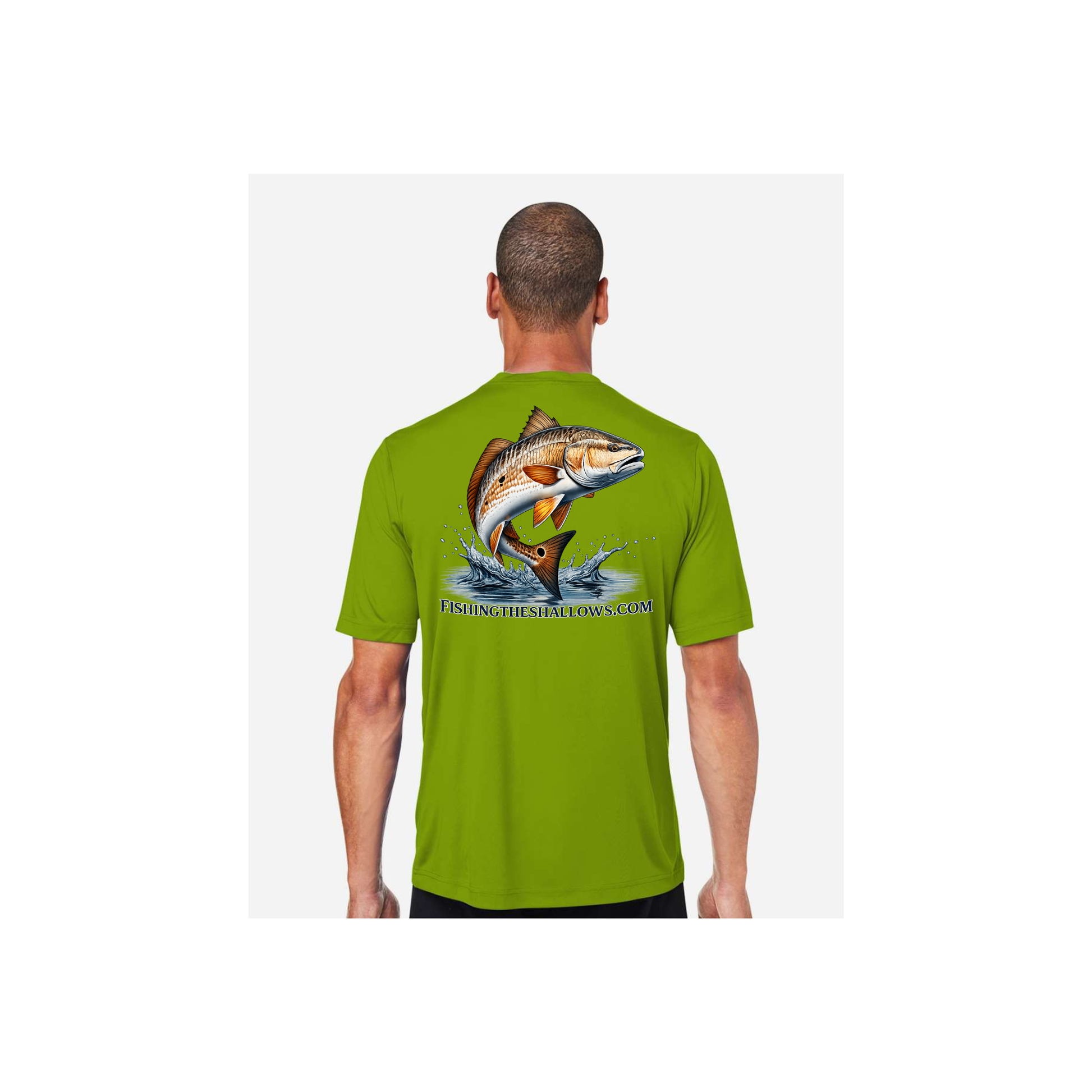 Redfish Art men's short sleeve fishing shirt in Acid Green - back view