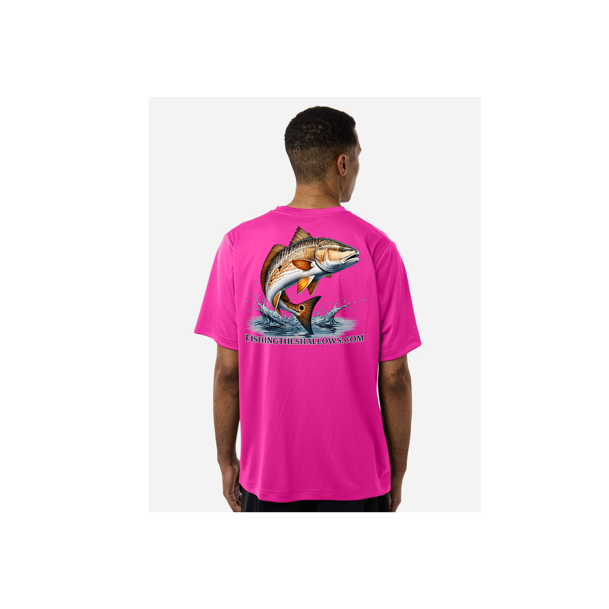 Redfish Art men's short sleeve fishing shirt in Bright Magenta - back view
