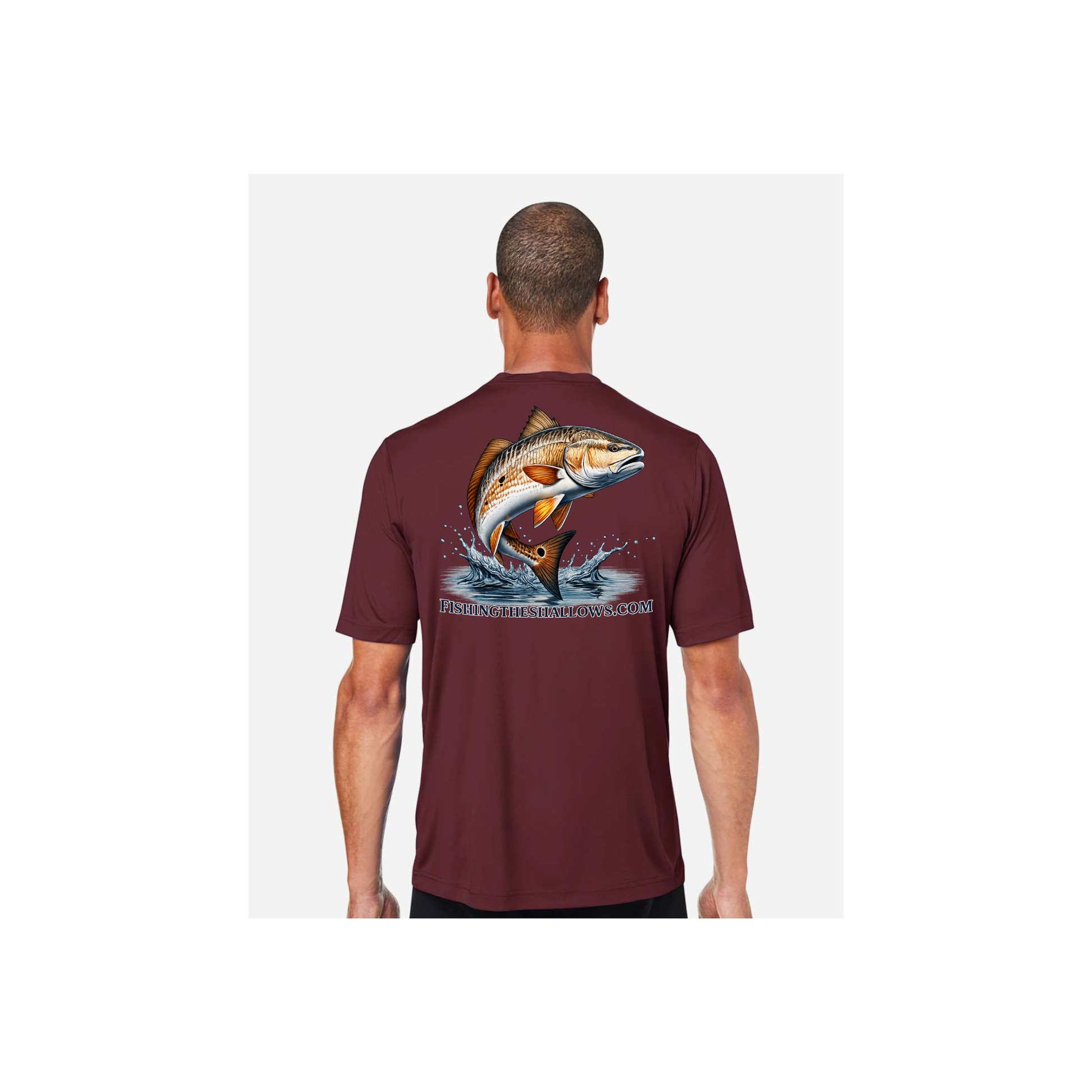 Redfish Art men's short sleeve fishing shirt in Burgundy - back view