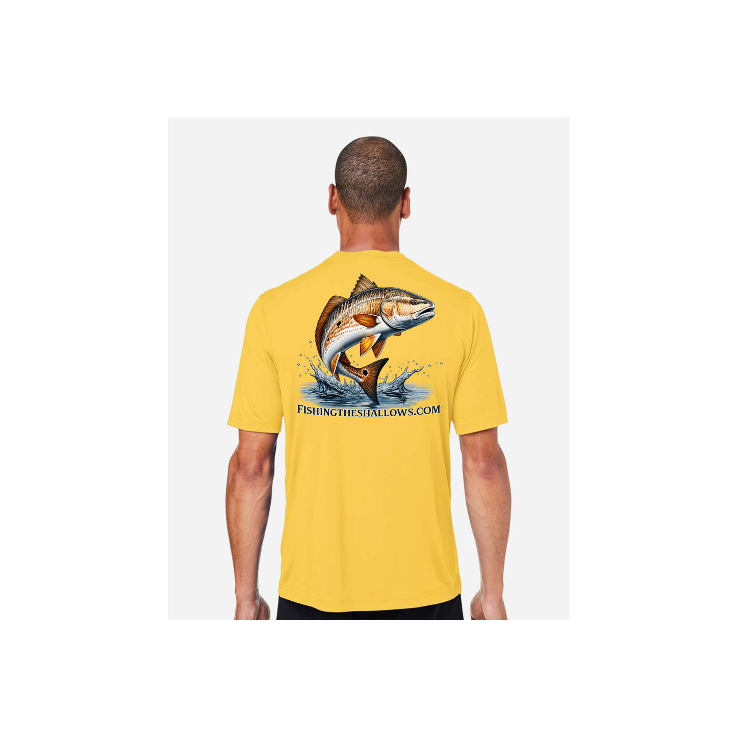 Redfish Art men's short sleeve fishing shirt in Campus Gold - back view
