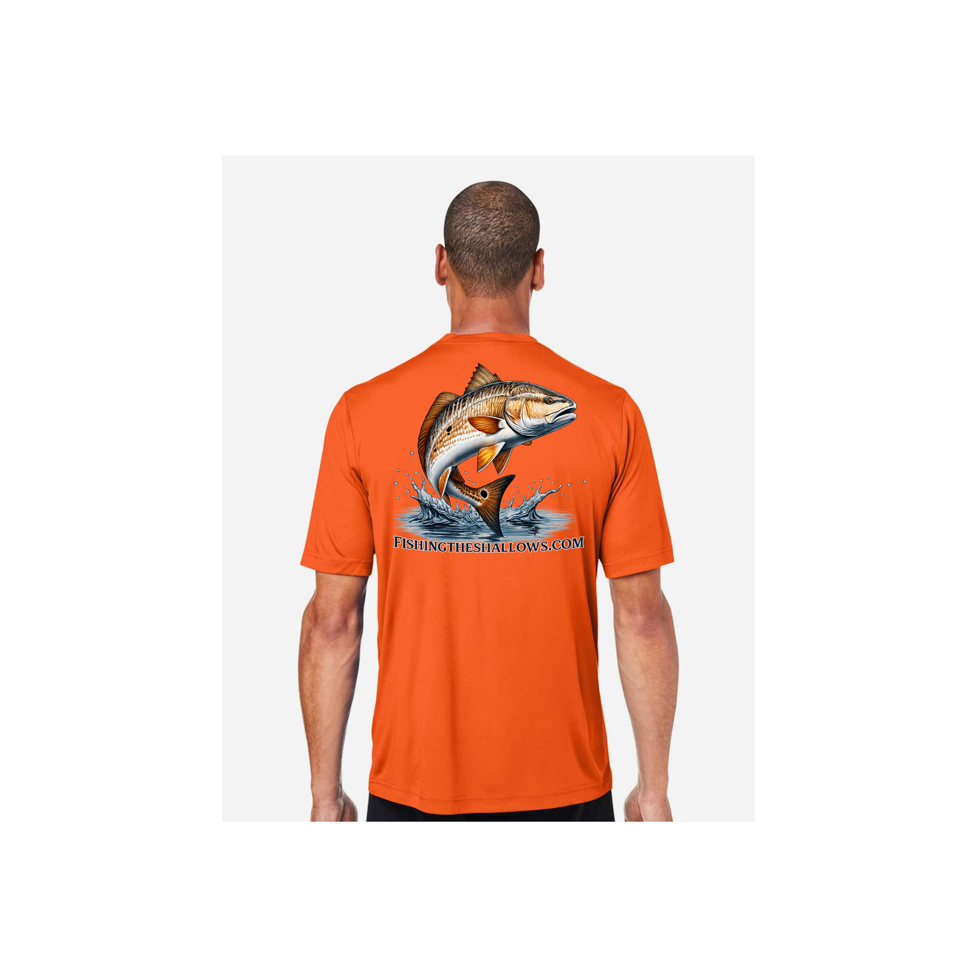 Redfish Art men's short sleeve fishing shirt in Campus Orange - back view