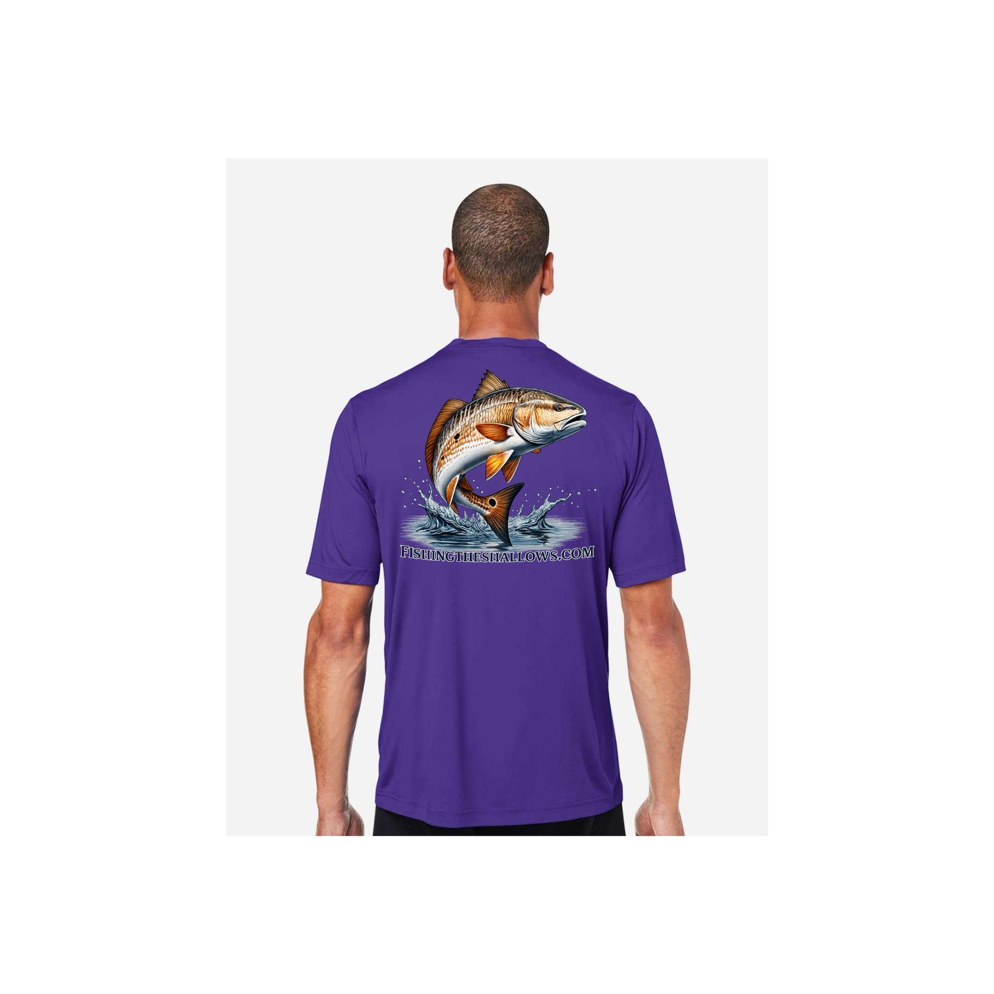 Redfish Art men's short sleeve fishing shirt in Campus Purple - back view