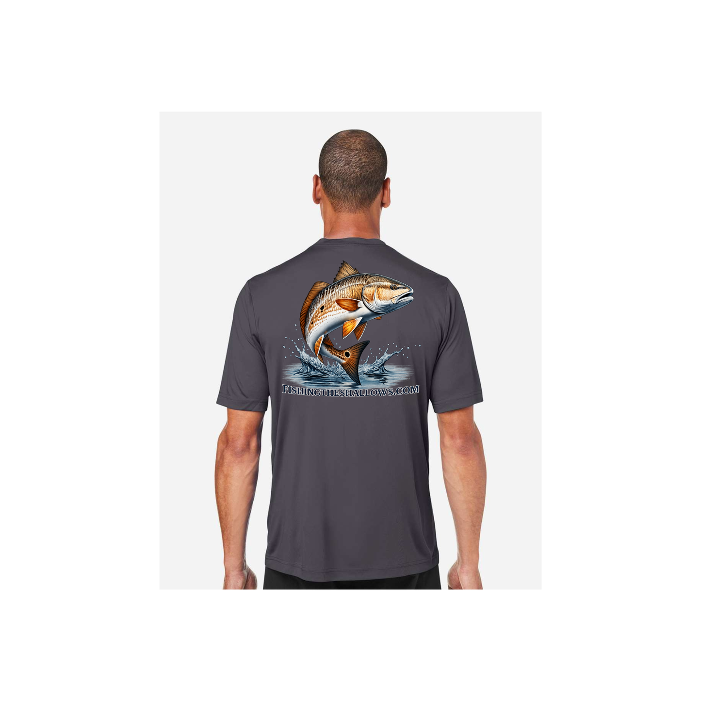 Redfish Art men's short sleeve fishing shirt in Carbon - back view