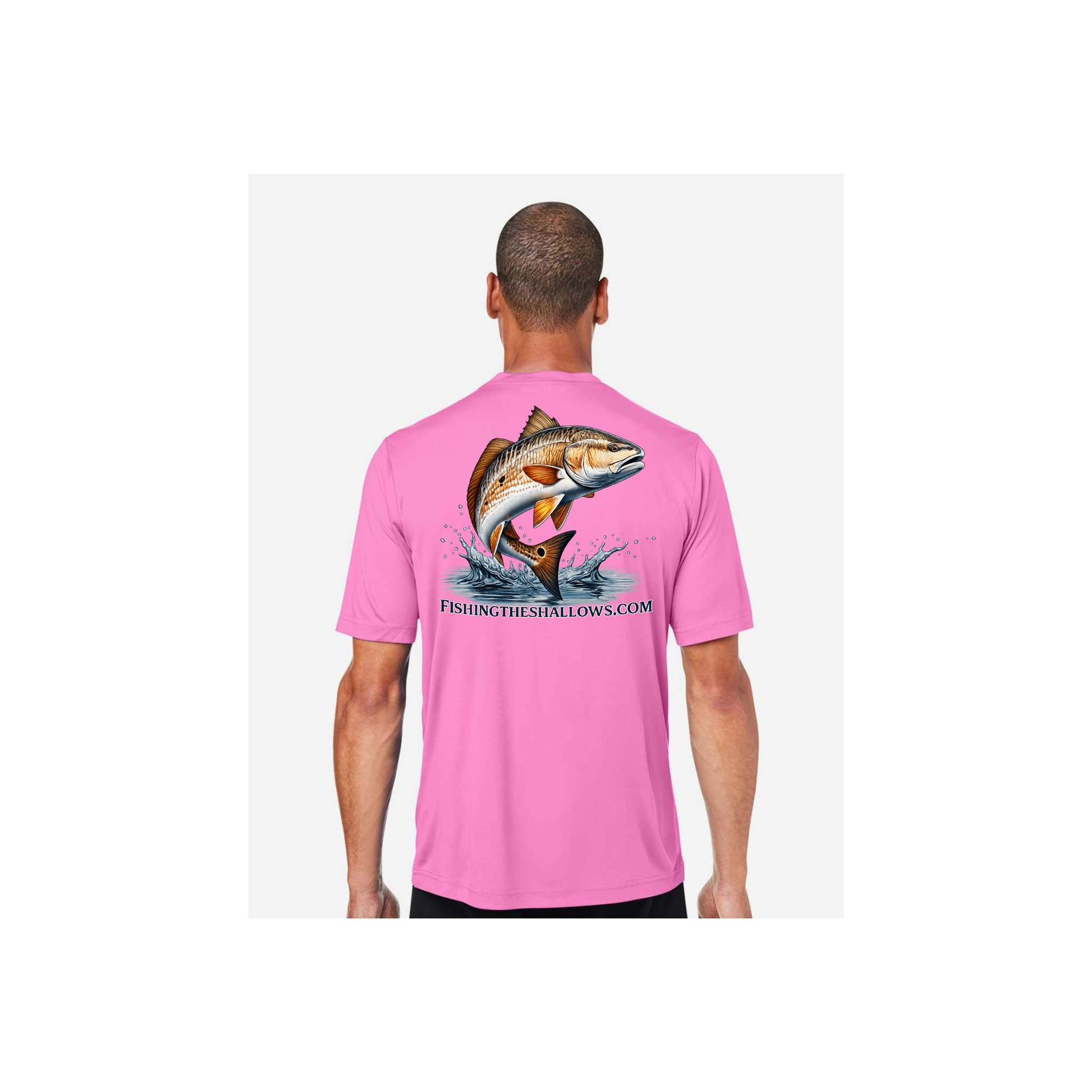 Redfish Art men's short sleeve fishing shirt in Charity Pink - back view