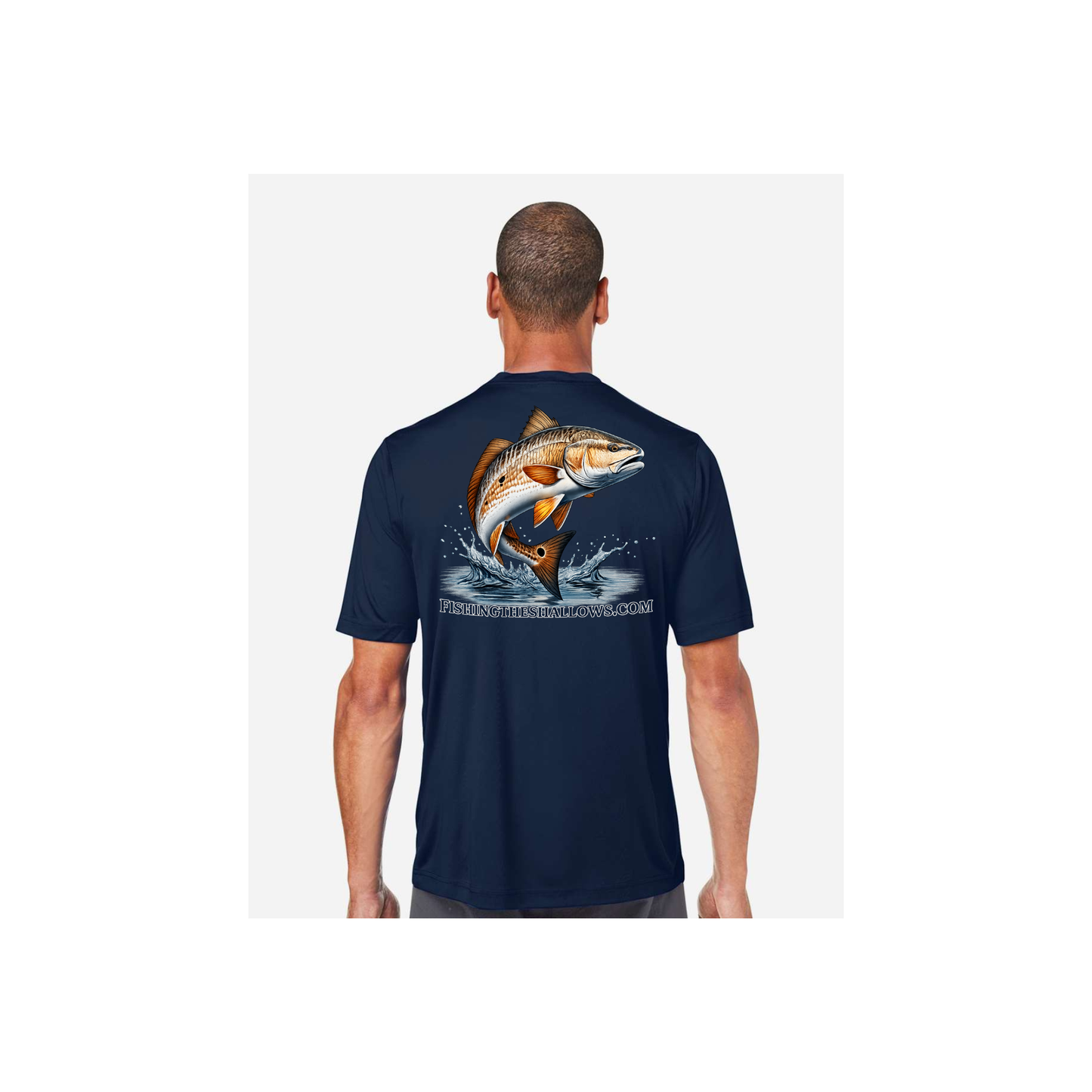 Redfish Art men's short sleeve fishing shirt in Classic Navy - back view